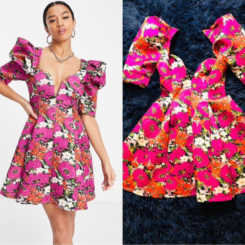 NWT ASOS DESIGN Petite seamed mini skater dress in black floral. Size 4